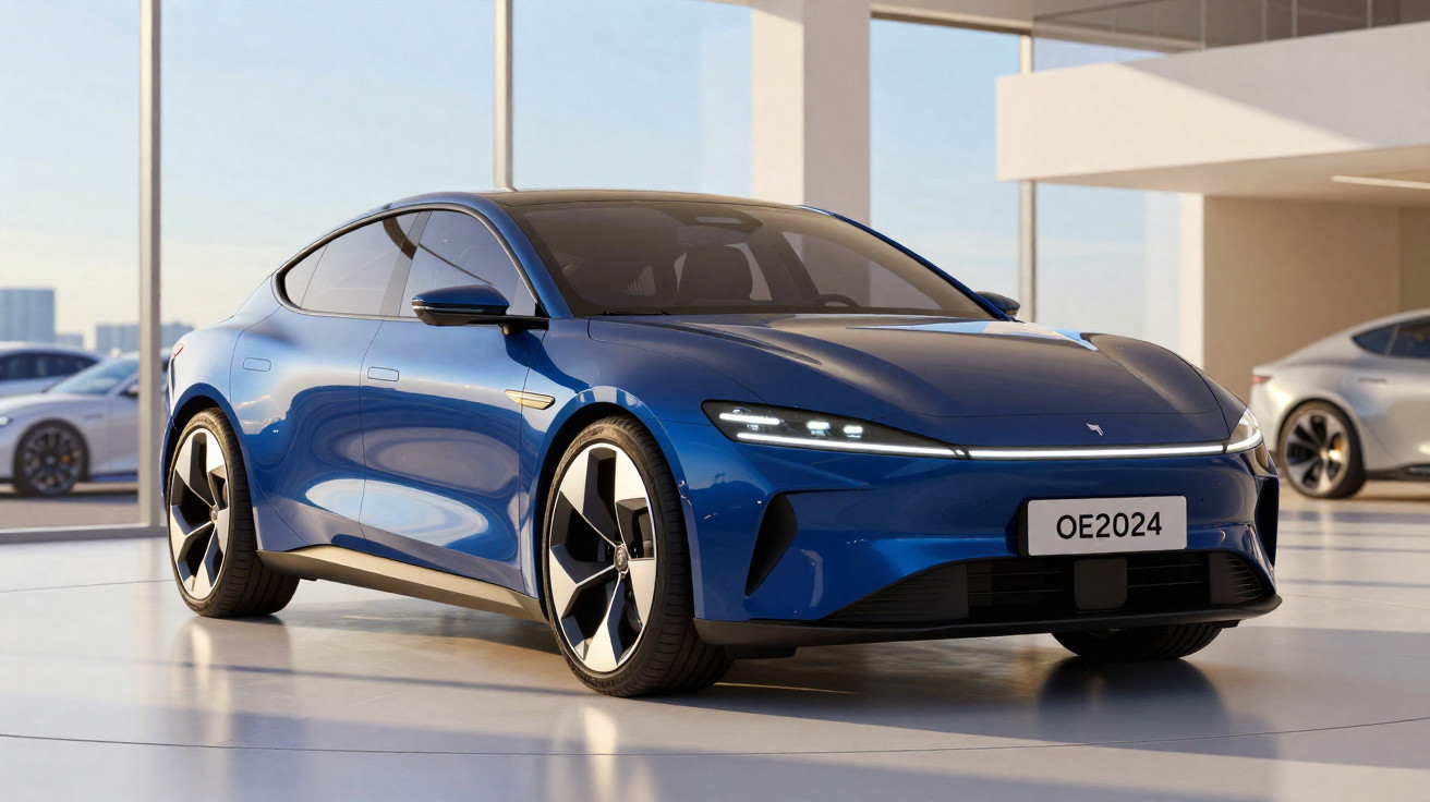 Carro elétrico desportivo azul estacionado num showroom moderno, com janelas amplas e luz natural.