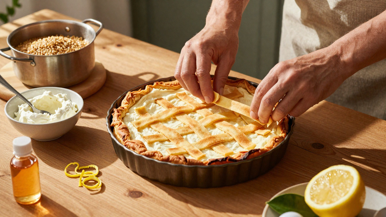 Mãos a preparar uma tarte com massa folhada numa forma, rodeada de ingredientes numa mesa de madeira clara.
