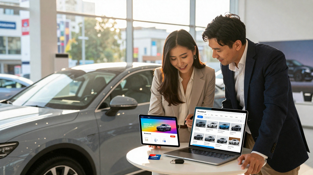 Duas pessoas junto a um carro cinzento, analisando ofertas de veículos num portátil e tablet numa mesa branca.