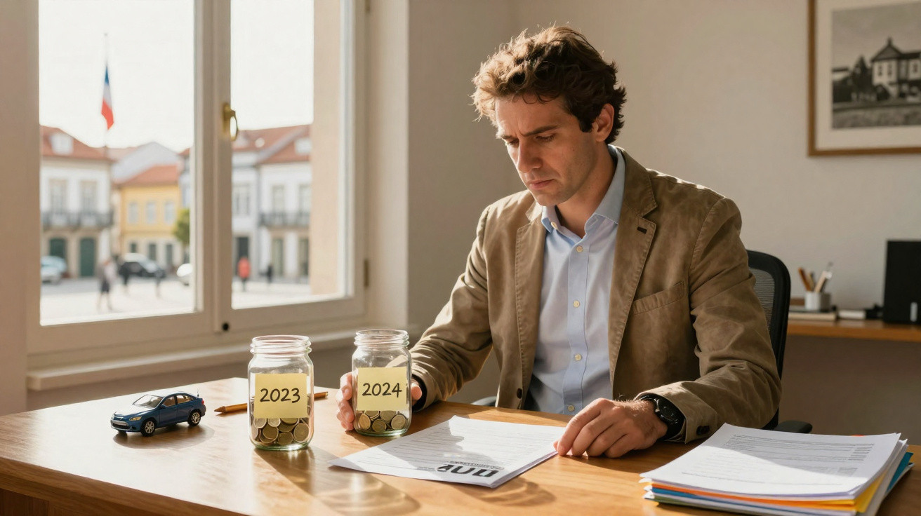 Homem sentado a analisar documentos com frascos de moedas rotulados 2023 e 2024 numa secretária.