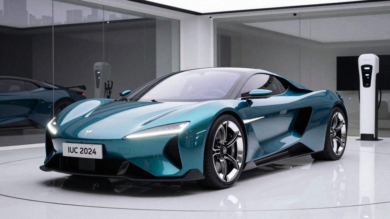 Carro desportivo elétrico azul metálico em showroom moderno com estação de carregamento ao fundo.
