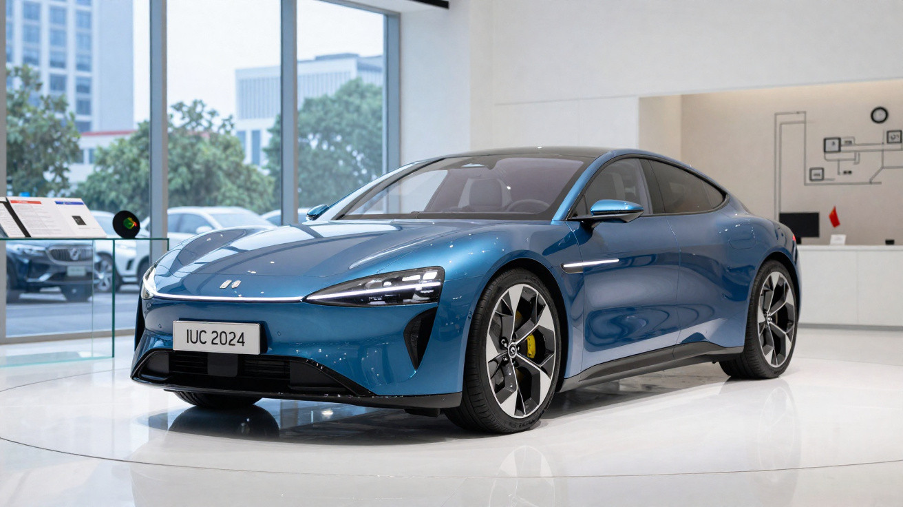 Carro elétrico azul moderno exibido numa sala de exposição com grandes janelas e iluminação natural.