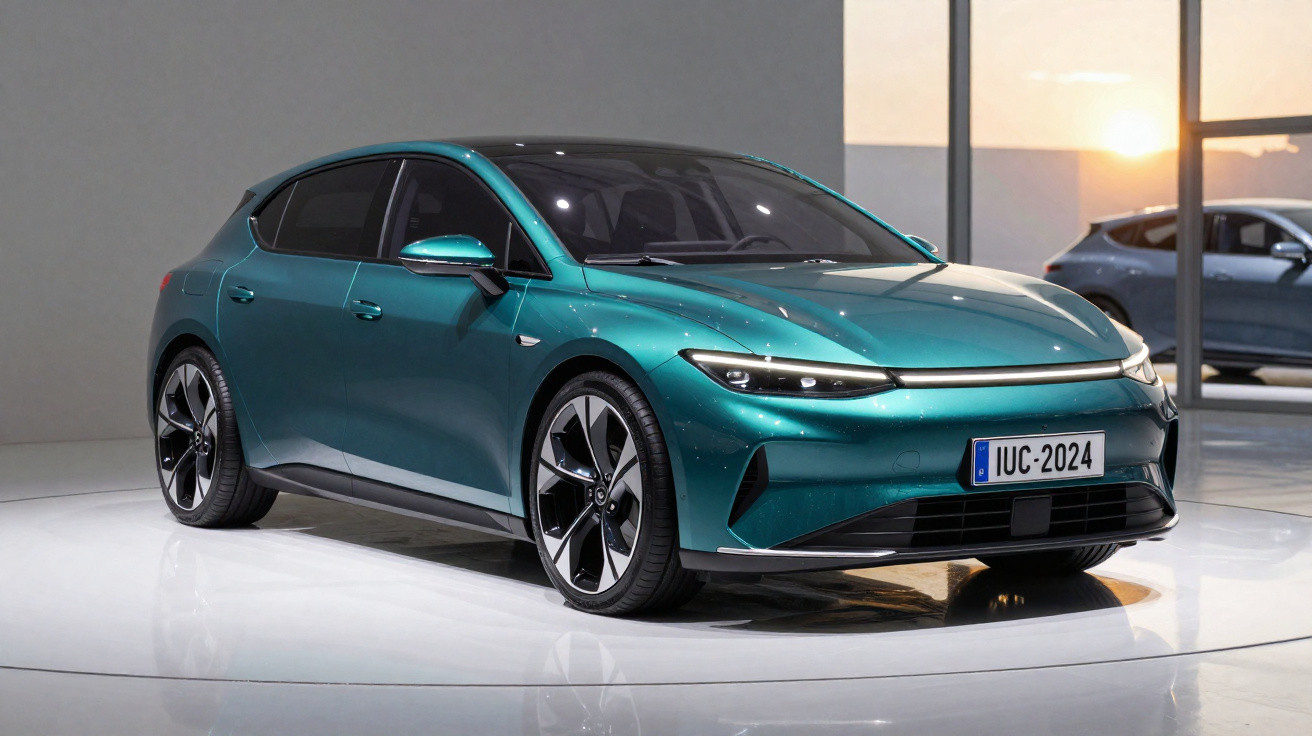 Carro elétrico moderno verde metálico num estande com iluminação ambiente e fundo minimalista.