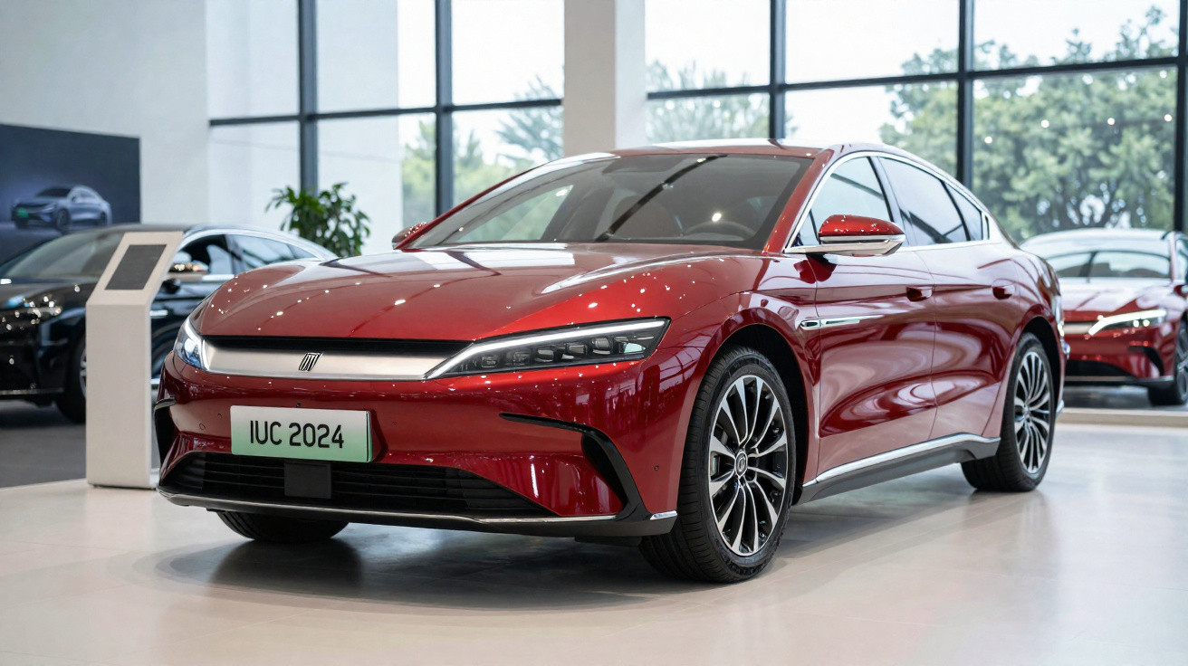 Carro elétrico vermelho exposto em salão, com luzes LED finas e design moderno.