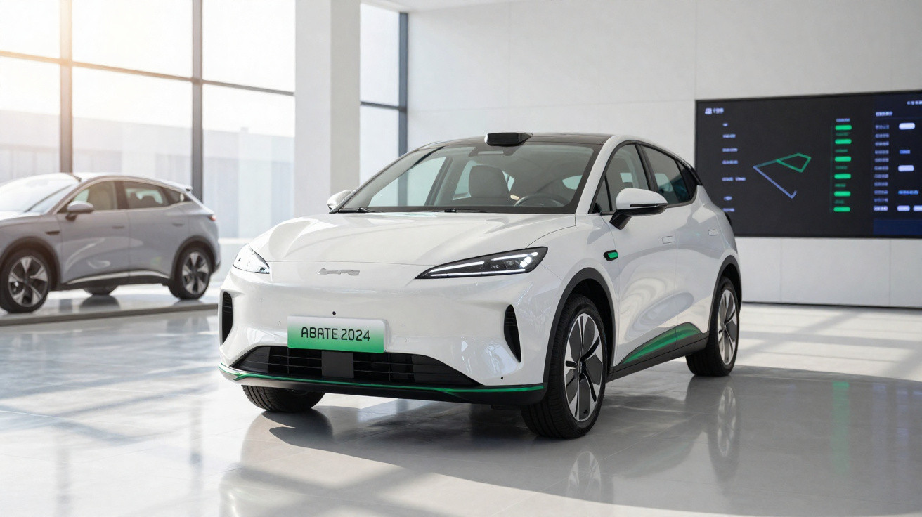 Carro elétrico branco moderno em exposição numa sala espaçosa e iluminada com janelas grandes.