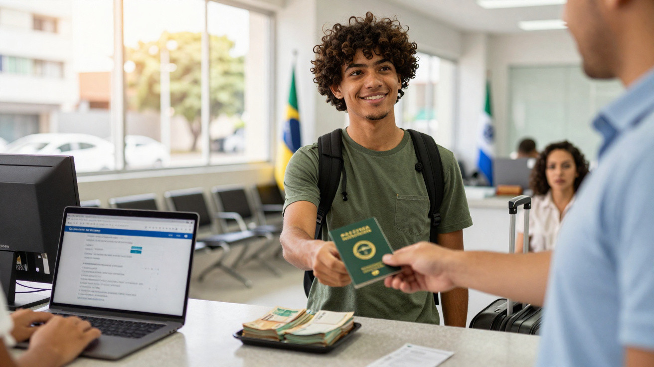 Jovem entrega passaporte brasileiro num balcão de atendimento num aeroporto ou posto de controlo.
