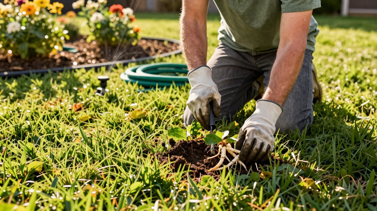 Pessoa a arrancar plantas daninhas com luvas num jardim com relva e canteiro de flores ao fundo.