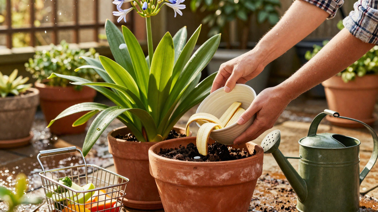 Pessoa a colocar cascas de banana num vaso de barro com plantas ao redor numa varanda ensolarada.