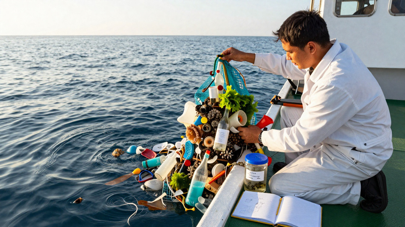 Cientista coleta amostra de lixo plástico e lixo marinho durante a pesquisa no oceano.