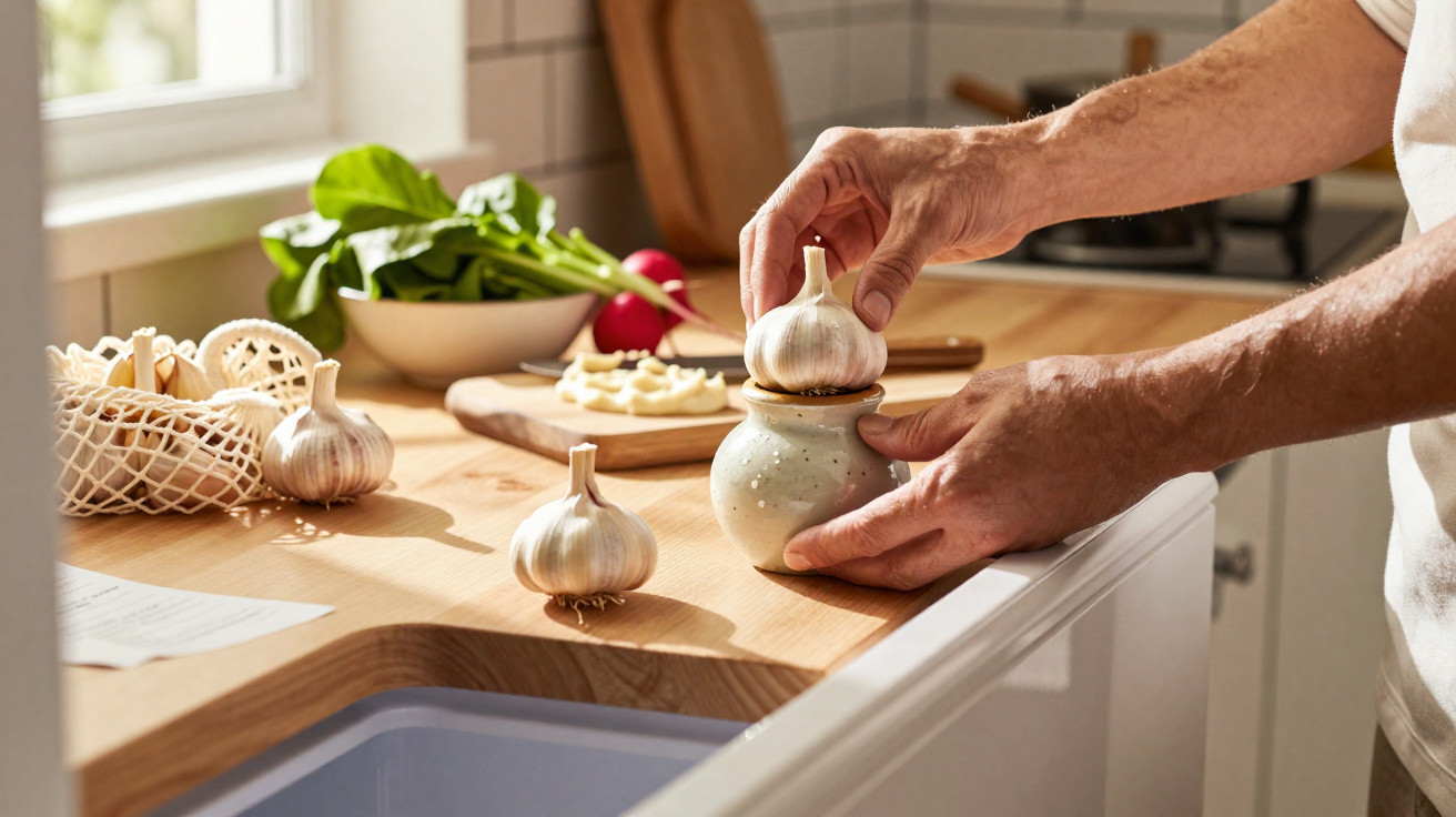 Pessoa a moer alho numa cozinha com outros alhos, rabanetes e vegetais numa bancada de madeira.