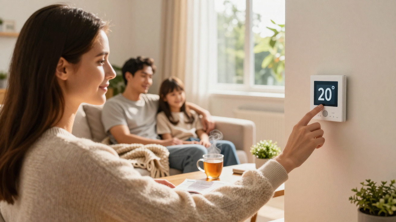 Mulher ajusta termostato digital para 20 graus, família sentada no sofá ao fundo numa sala luminosa.