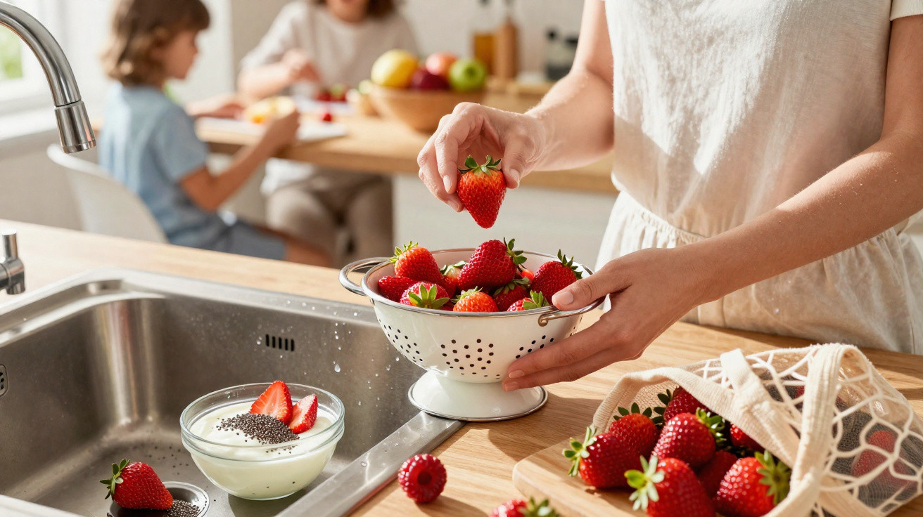 Pessoa a segurar morangos num passador, com iogurte e frutos à volta numa cozinha luminosa.