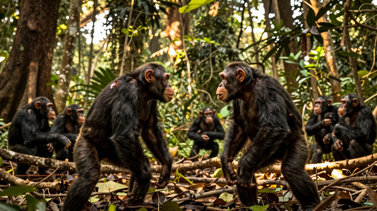 Grupo de chimpanzés interagindo numa floresta densa com árvores e folhagem ao fundo.