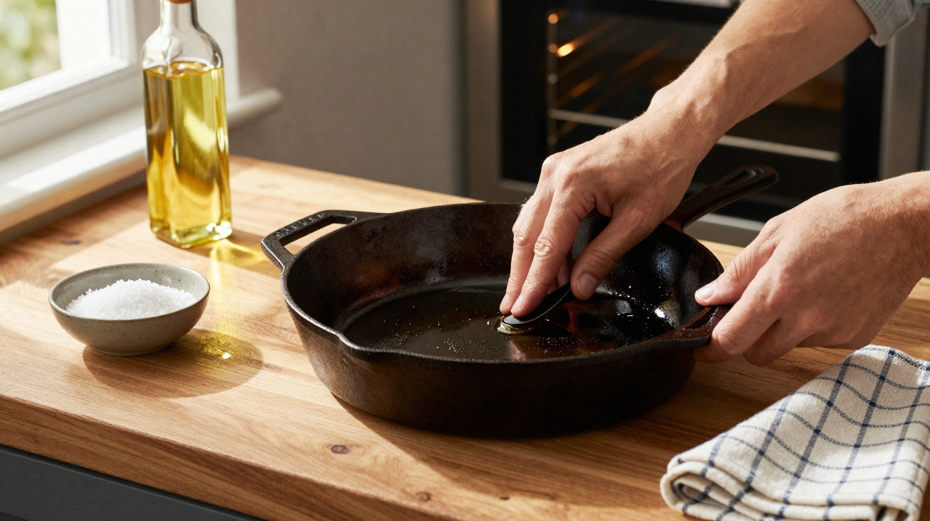 Mãos a temperar uma frigideira de ferro com azeite numa bancada de cozinha com sal e pano à vista.