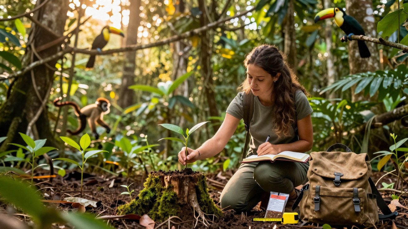 Mulher a estudar planta jovem na floresta com caderno, mochila e animais selvagens ao fundo.