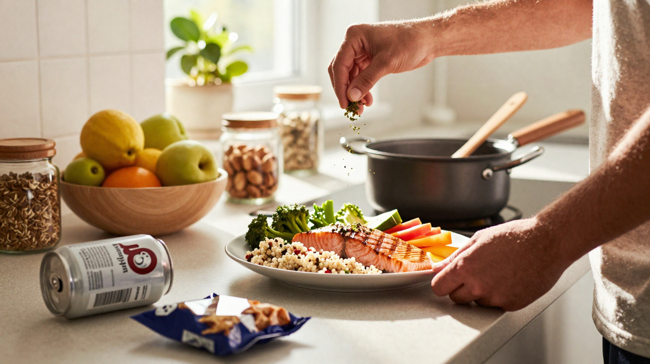 Pessoa a temperar prato com salmão grelhado, quinoa, legumes e frutas numa cozinha iluminada.