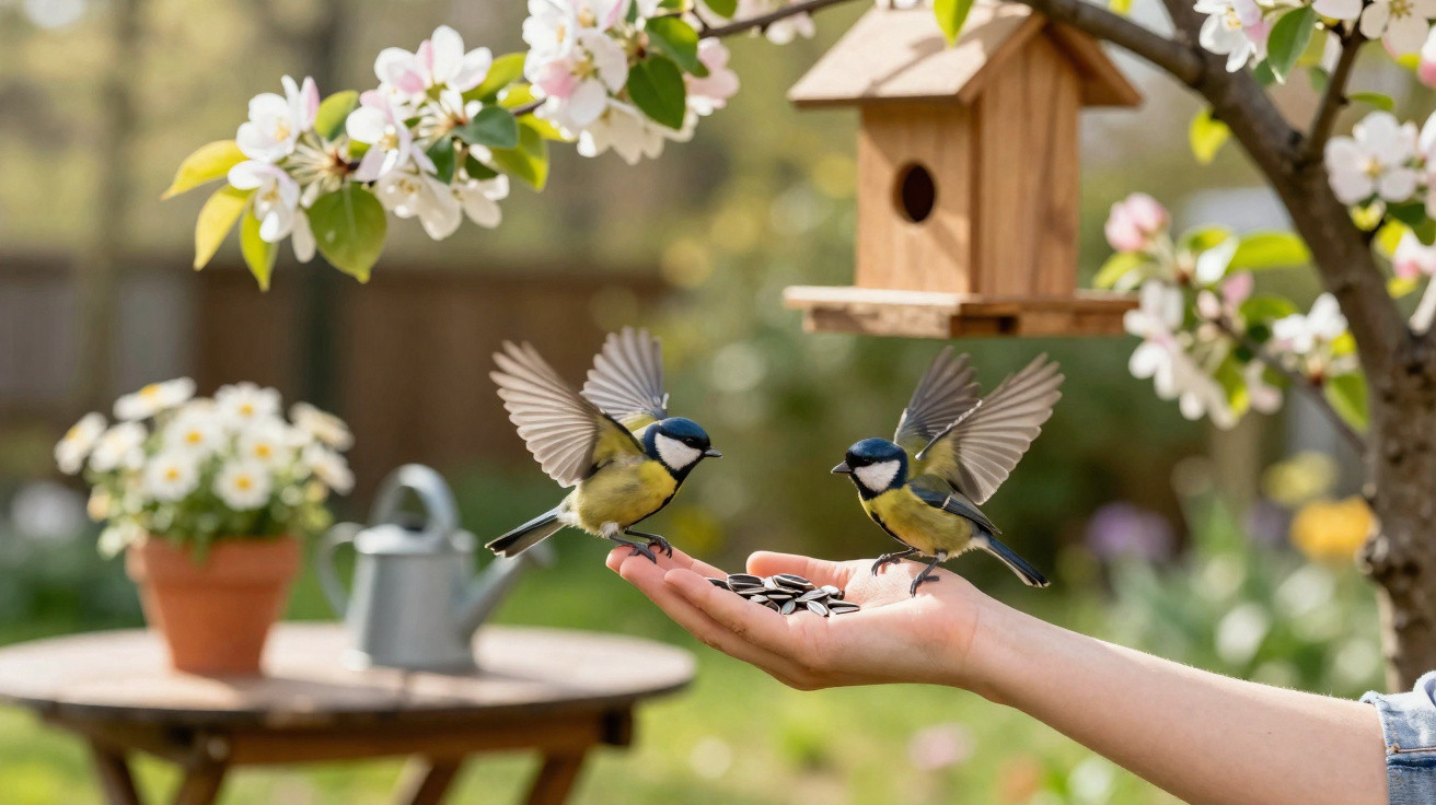 Dois passarinhos pousam numa mão que oferece sementes, com casa de pássaros e flores ao fundo.