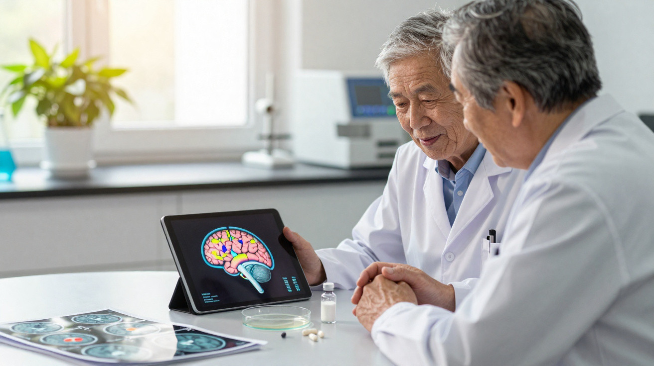 Dois médicos em bata branca discutem imagens de cérebro num tablet e radiografias numa mesa de laboratório.