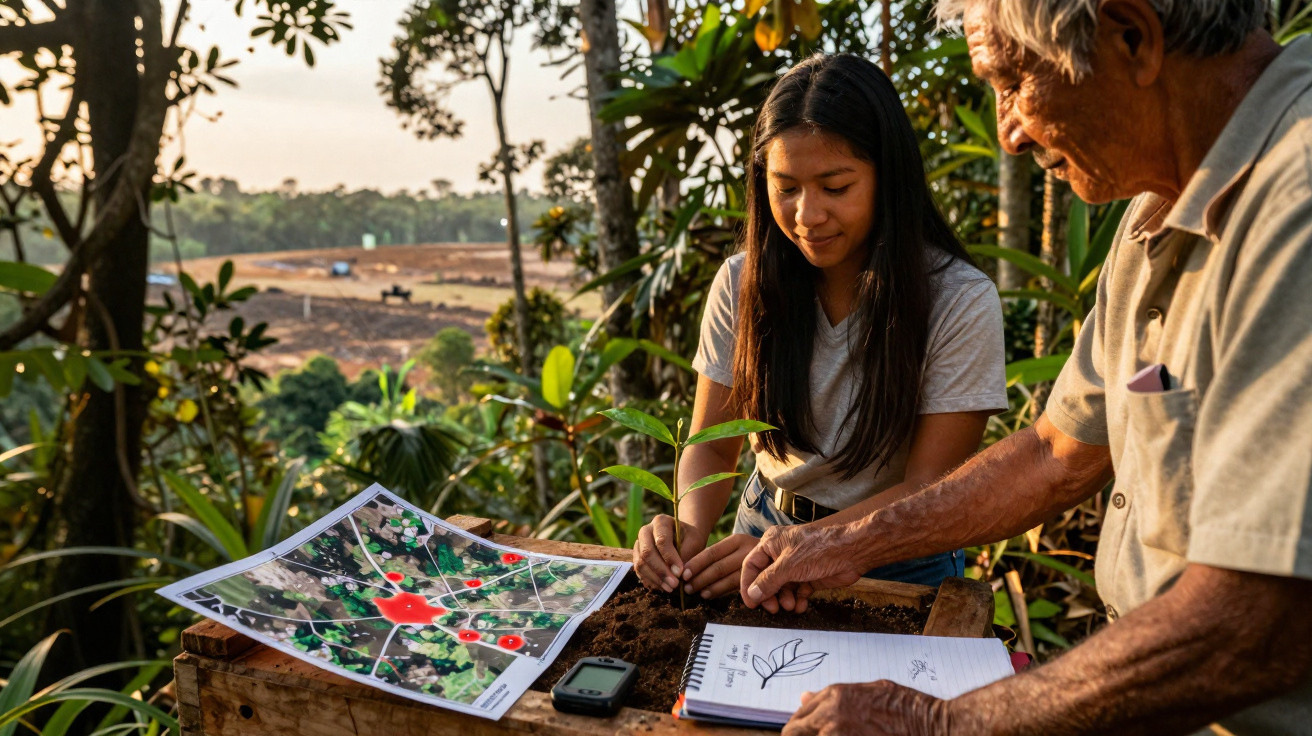 Jovem e idoso plantam muda em terra com mapa e caderno numa mesa ao ar livre na floresta ao pôr do sol.