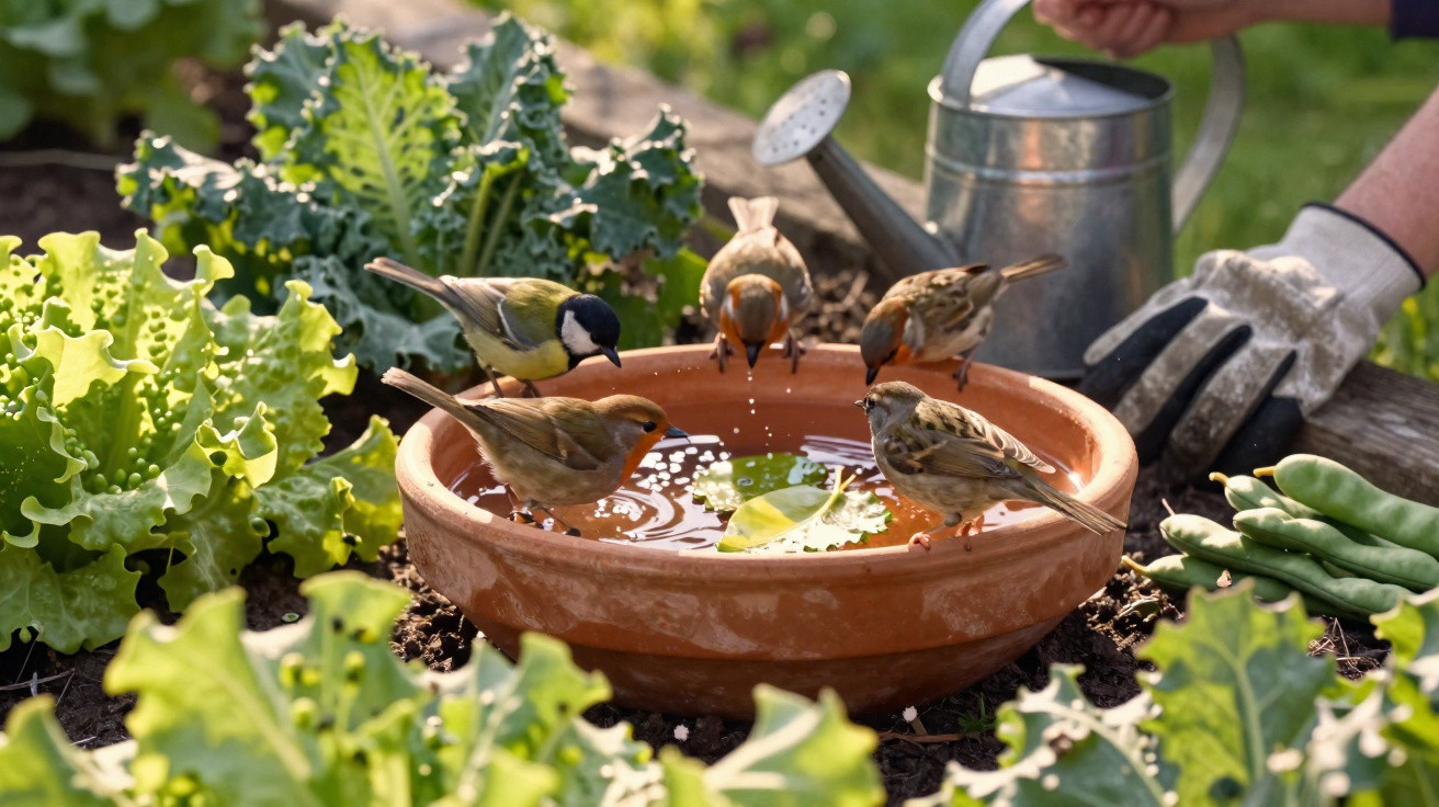 Pássaros a beber água de um prato de barro num jardim com alfaces e um regador metálico ao fundo.