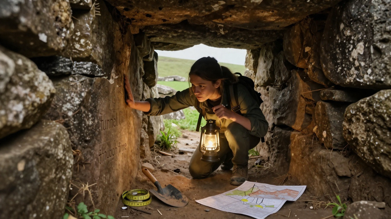 Mulher com mochila e lâmpada, a explorar uma pequena caverna de pedra, com ferramentas e mapa no chão.