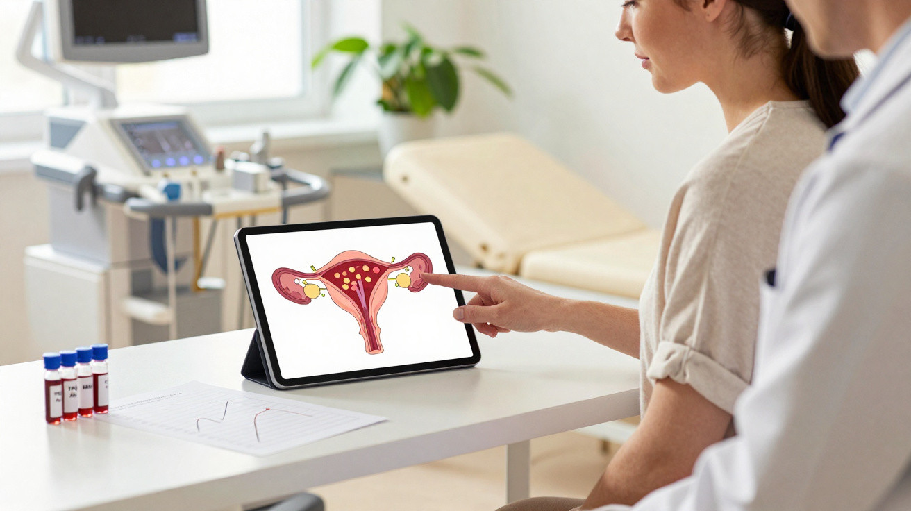 Mulher consulta médico e vê ilustração do sistema reprodutor feminino num tablet numa clínica.