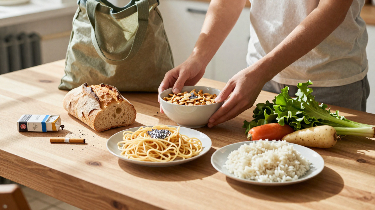 Pessoa a segurar taça com amendoins e comida diversa numa mesa de madeira, incluindo pão, espaguete, arroz e legumes.