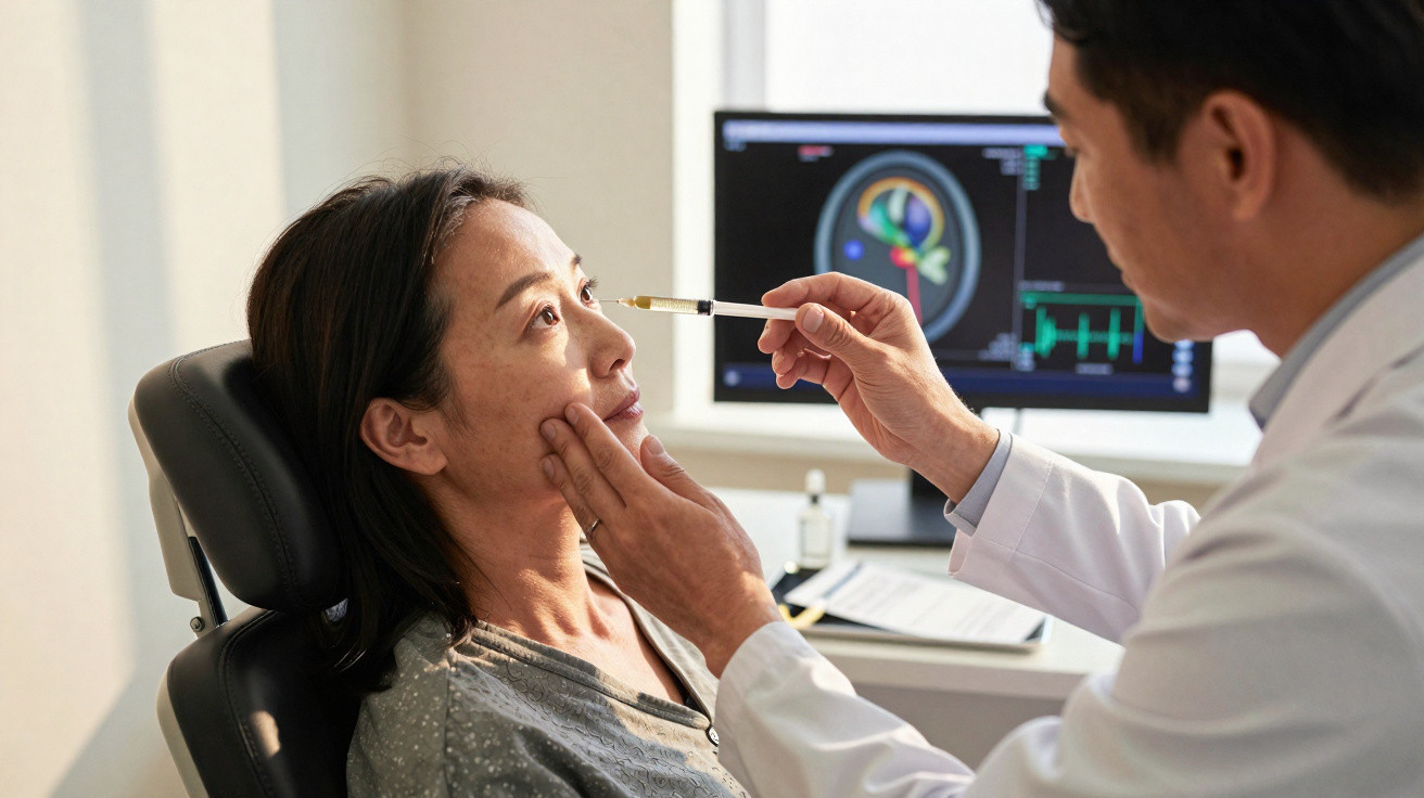 Médico a aplicar tratamento facial com seringa em mulher numa clínica, com monitor e equipamento ao fundo.