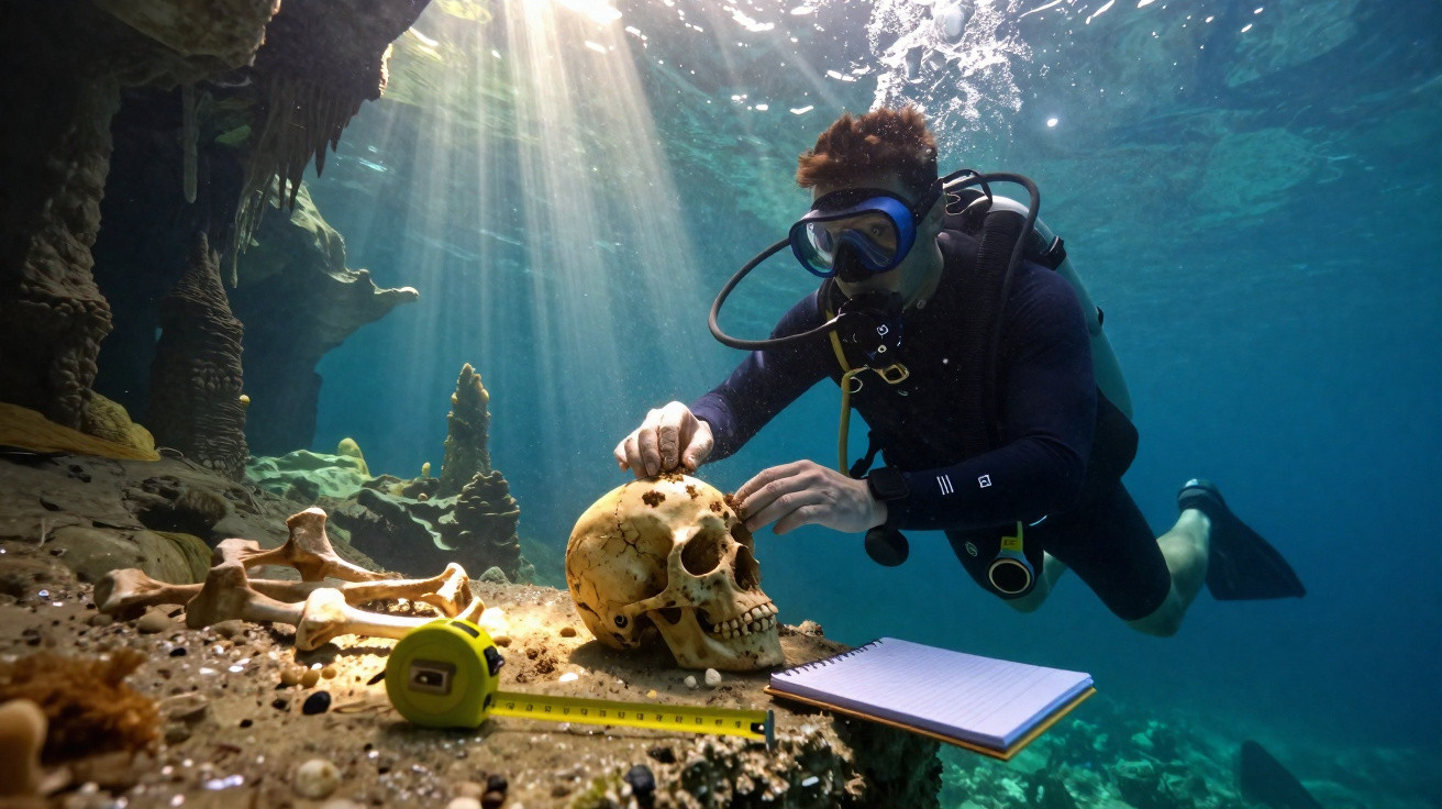 Mergulhador a examinar crânio humano e ossos no fundo do oceano com bloco de notas e fita métrica.