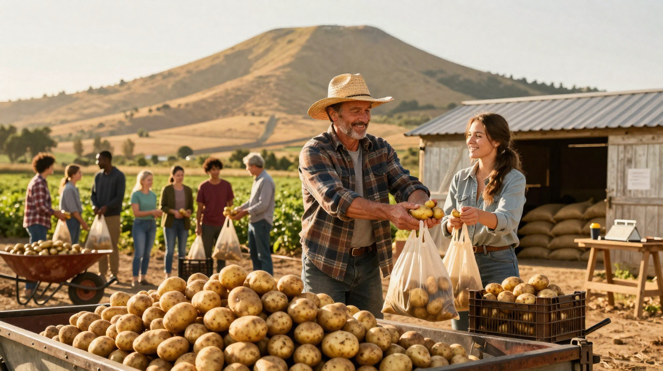 Agricultores a recolher batatas numa plantação com montanha ao fundo em dia soalheiro.