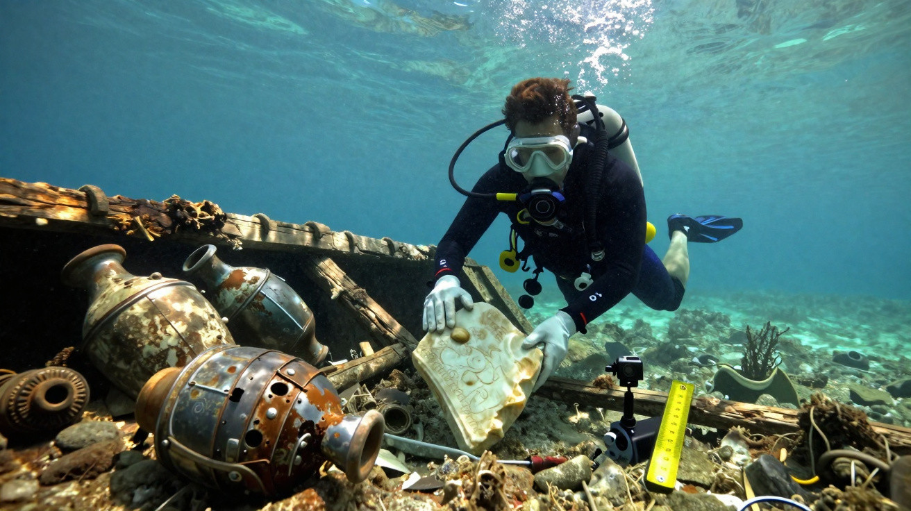 Mergulhador a explorar destroços subaquáticos com vários artefactos antigos espalhados no fundo do mar.