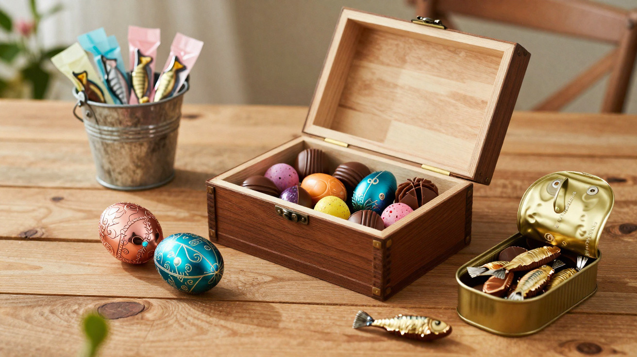 Caixa de madeira com ovos e bombons coloridos, lata com chocolates em forma de peixe e balde com embalagens.