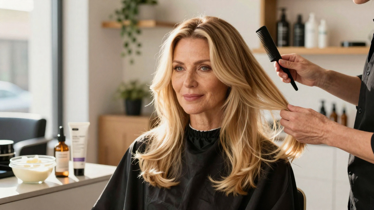Mulher loira em salão de beleza a receber penteado de cabeleireiro com pente preto.