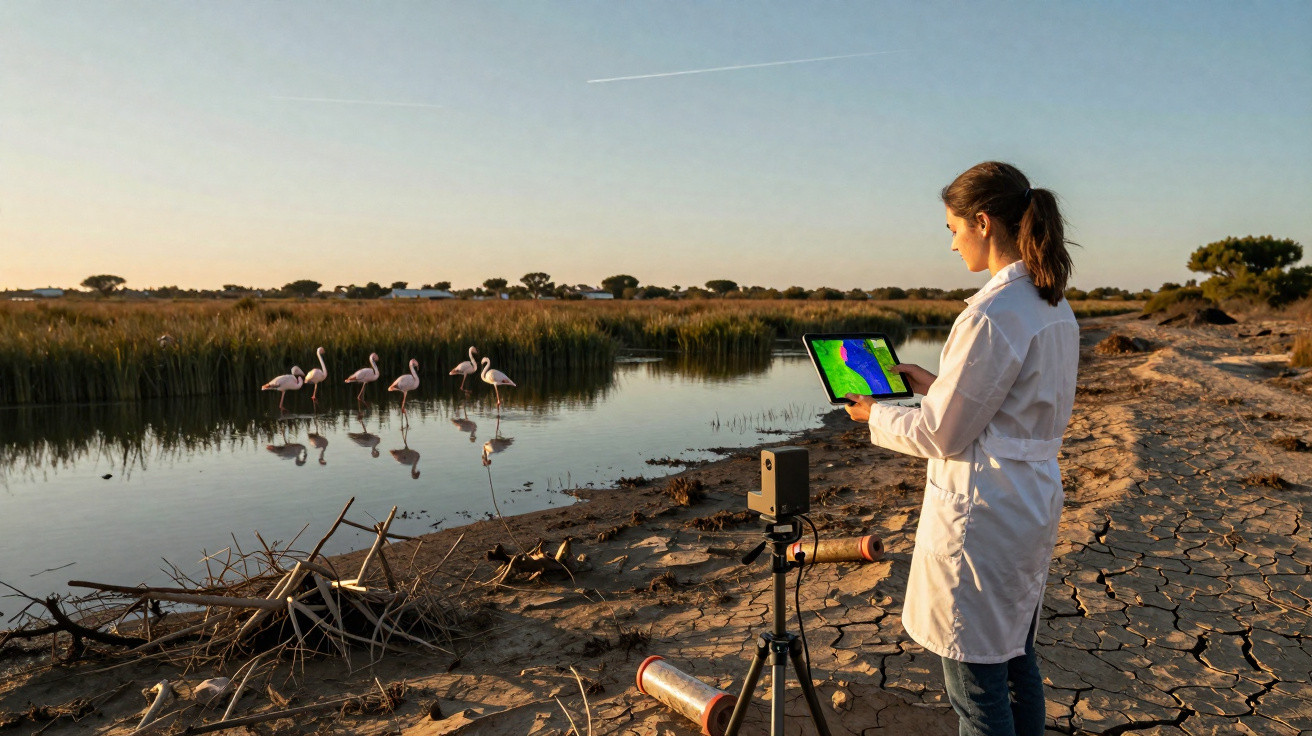 Mulher de bata branca usa tablet junto a equipamento científico perto de lago com flamingos ao pôr do sol.