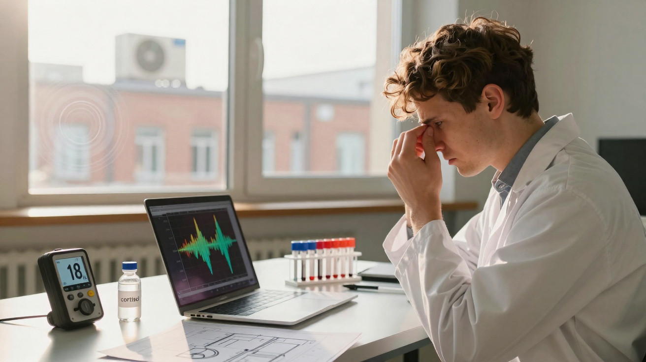 Cientista ou médico jovem em laboratório apparentemente cansado ou preocupado, com computador e amostras no ambiente.