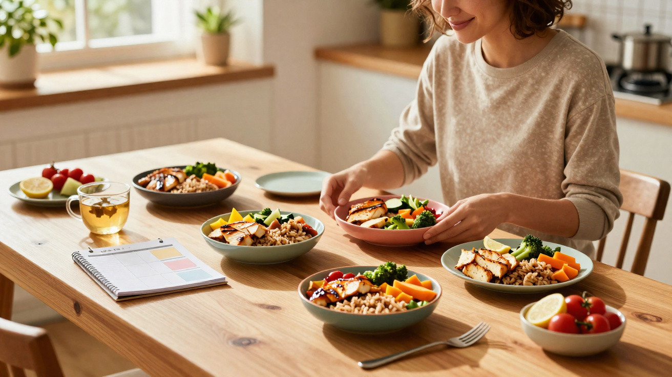 Mulher a preparar refeições saudáveis com legumes, arroz e frango numa mesa de madeira na cozinha.