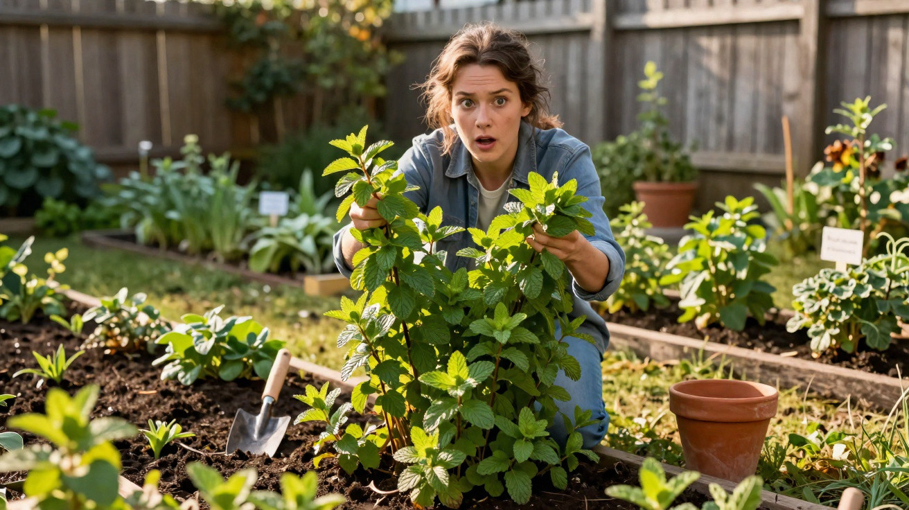 Mulher surpreendida a cuidar de plantas num jardim com canteiros, vaso e enxada ao lado.