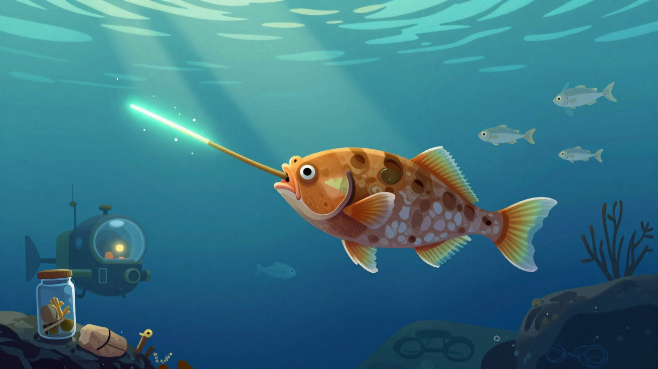 Peixe marrom com padrão, nadando no oceano com uma luz brilhante na ponta do seu nariz, submarino ao fundo.