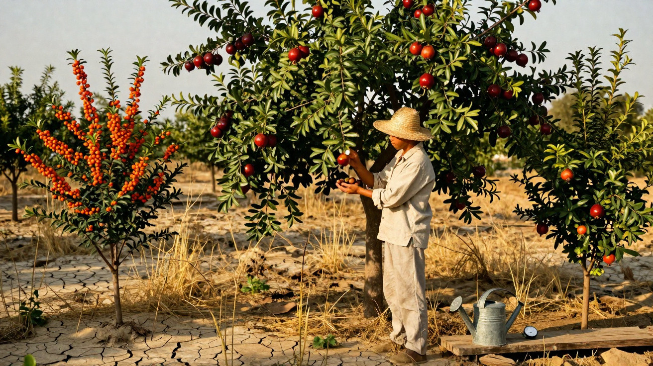 Homem com chapéu de palha colhendo frutos vermelhos numa árvore, num campo seco e árido.