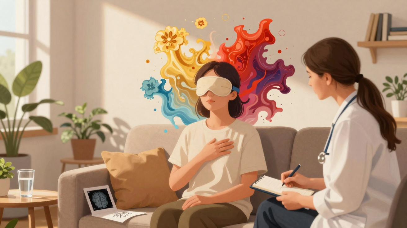 Paciente com máscara nos olhos sentado no sofá, expressões coloridas atrás, conversa com médica anotações.