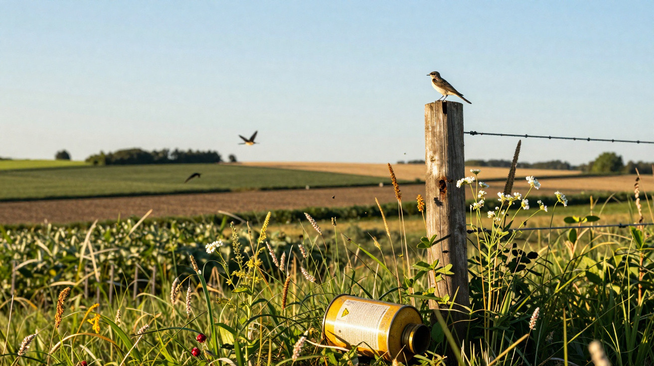 Pássaro pousado em cerca de arame com campo agrícola ao fundo e lata metálica caída na relva.