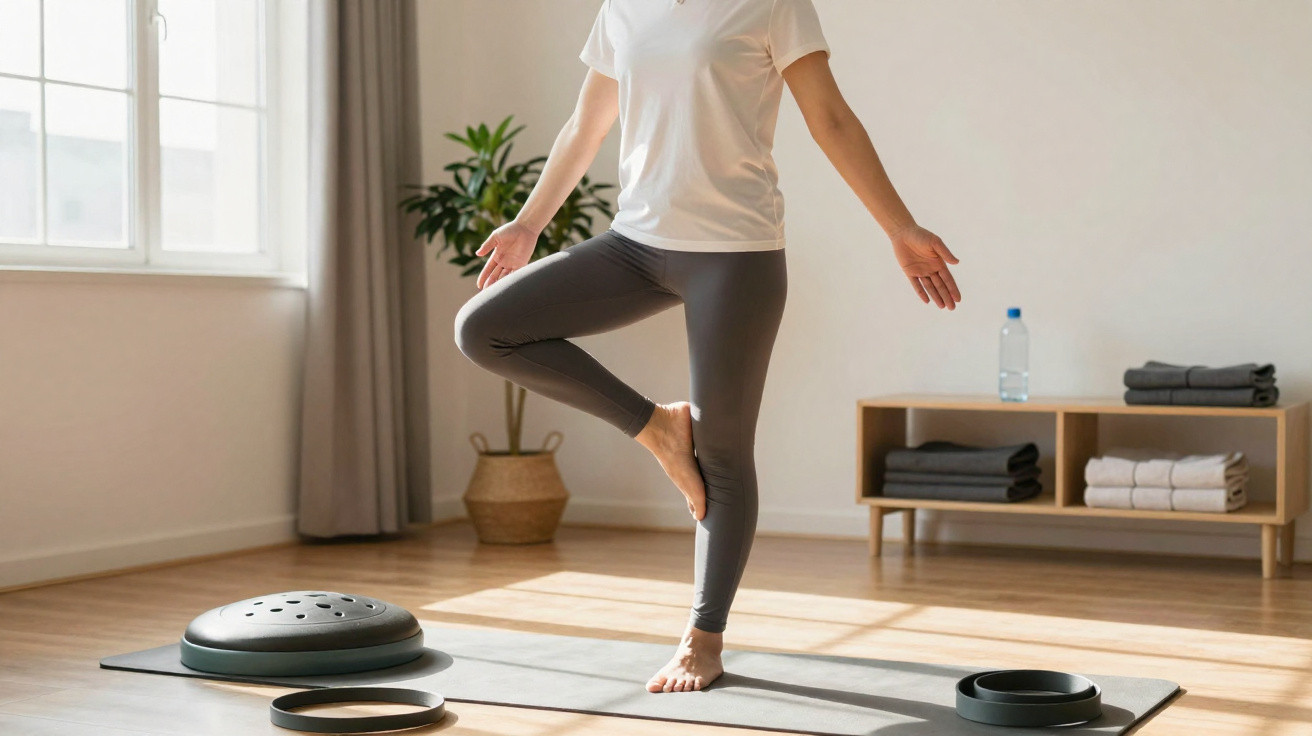 Pessoa a praticar yoga em casa, numa sala iluminada e com tapete e acessórios de exercício.