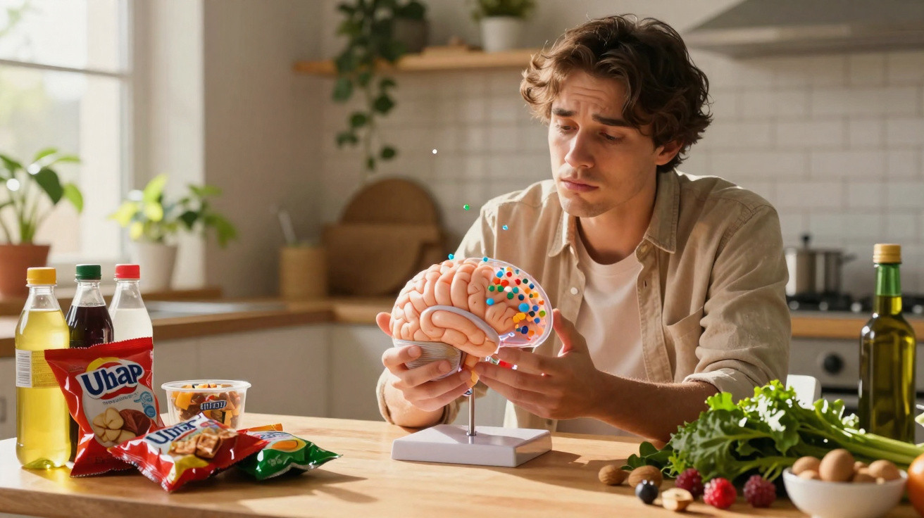 Homem numa cozinha a segurar um modelo anatómico do cérebro, com alimentos saudáveis e snacks numa mesa.