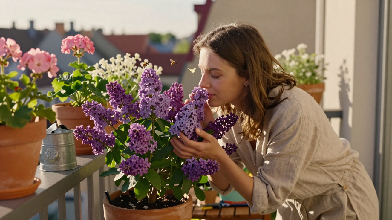 Mulher a cheirar flores lilases num vaso de barro numa varanda com luz natural.
