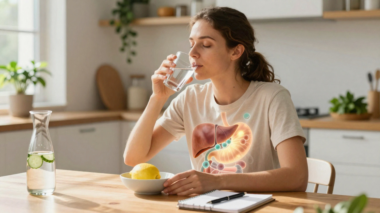 Mulher a beber água em cozinha com ilustração do sistema digestivo sobreposta na imagem.
