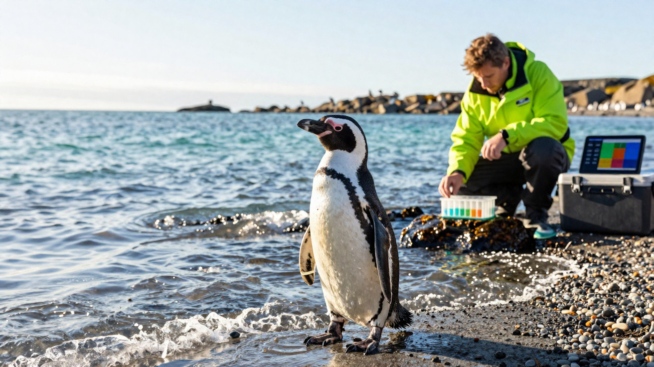 Pinguim Africano em praia rochosa com homem a analisar amostras de água junto ao mar.