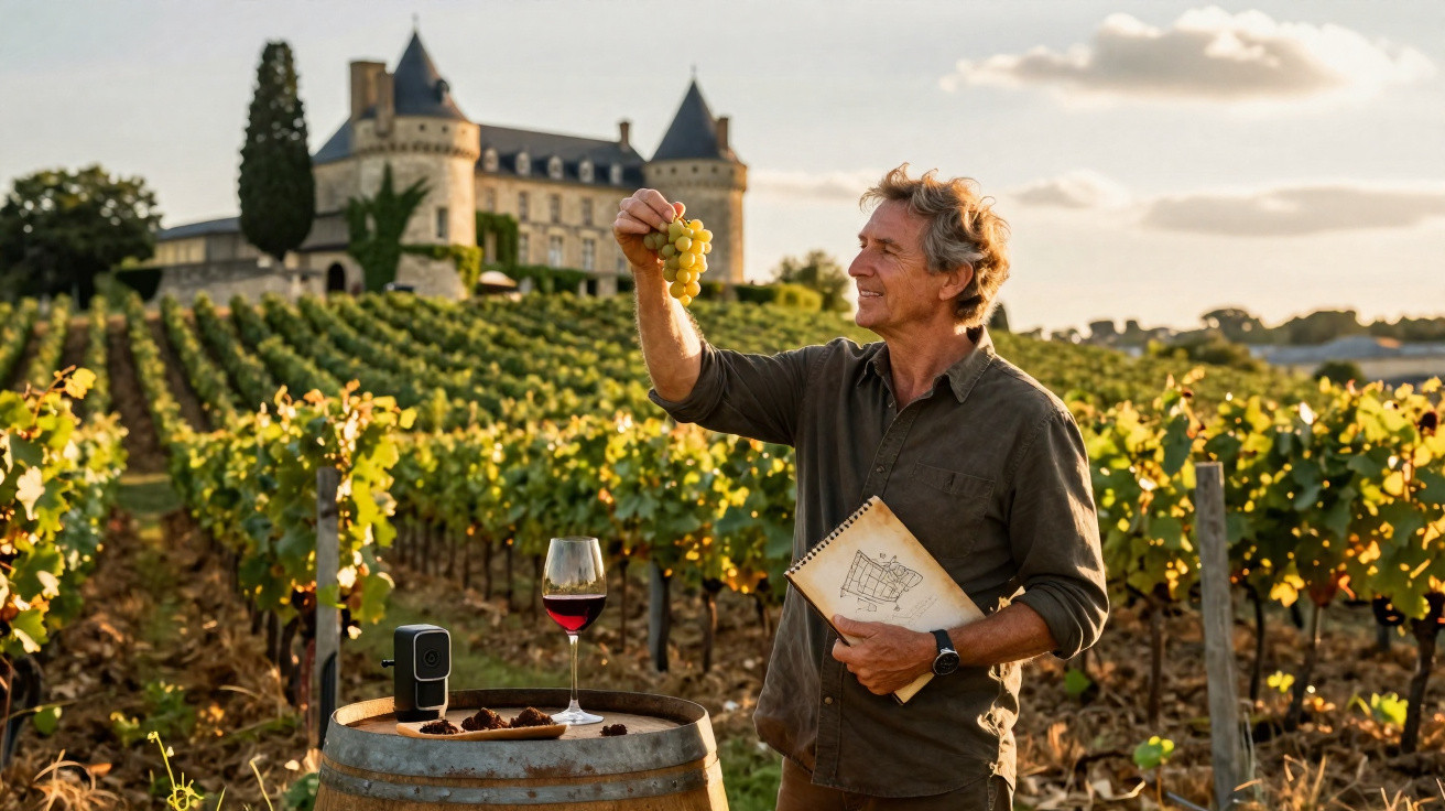 Homem segurando cachos de uvas numa vinha com castelo ao fundo ao pôr do sol.