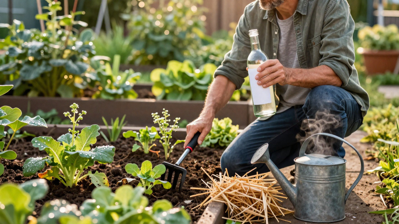 Homem a cuidar de plantas numa horta, com regador e garrafa em ambiente exterior ensolarado.