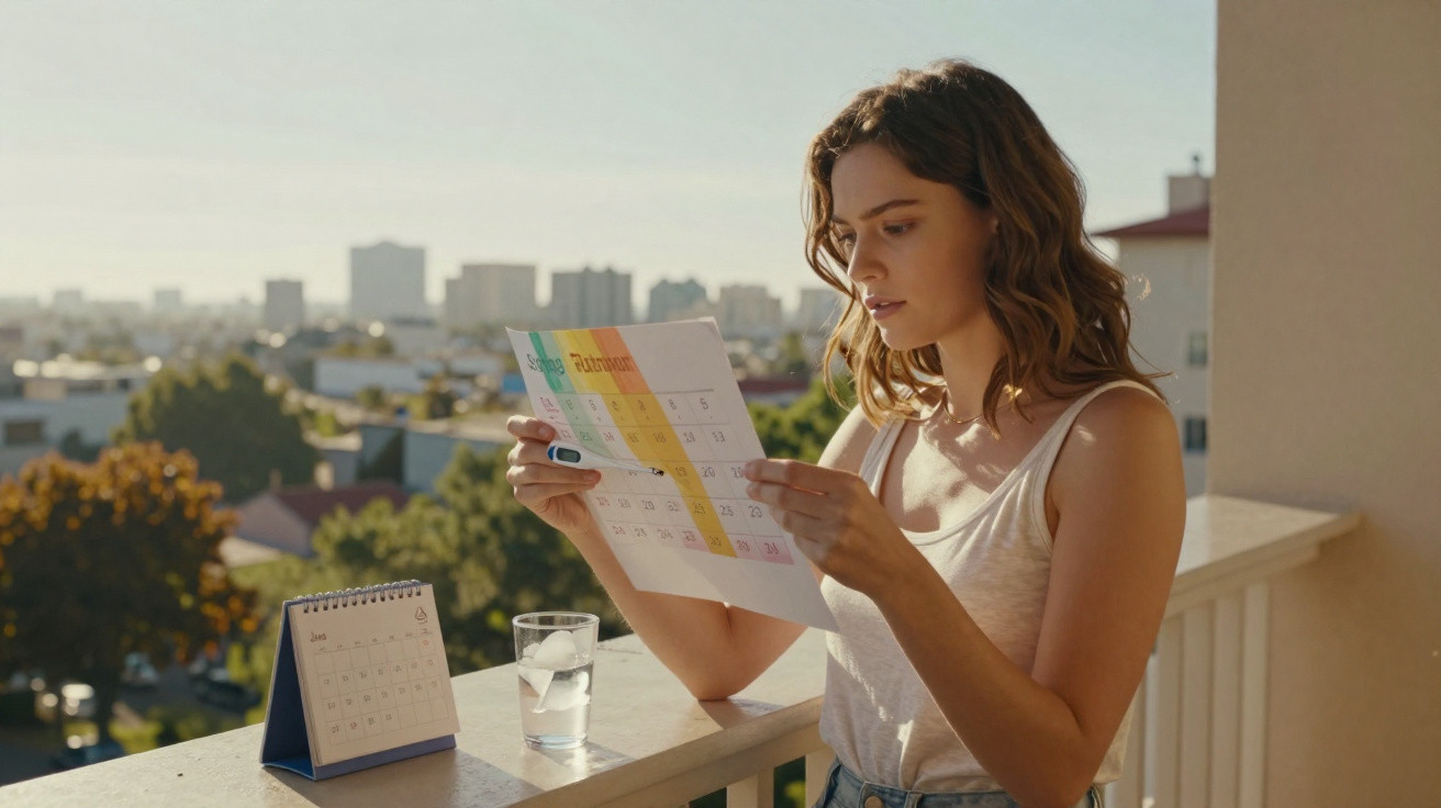 Mulher a olhar para um calendário, segurando um termómetro, num terraço com vista para a cidade.