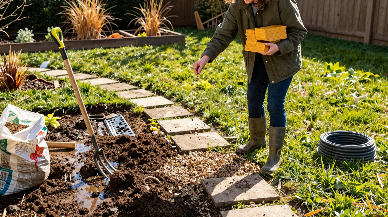 Pessoa a espalhar sementes num jardim com terra revolvida e placas de pedra no chão.